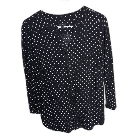 Talbots Tops - Talbots Polka Dot V-Neck Blouse Medium Black White Crochet Lace Trim 3/4 Sleeve